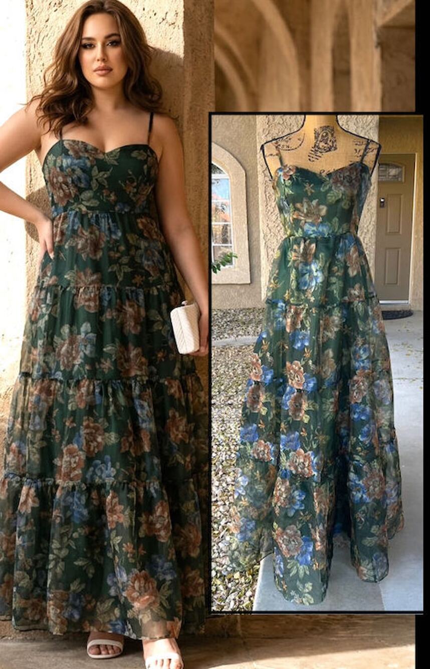 Floral Tiered Maxi Dress in Dark Green